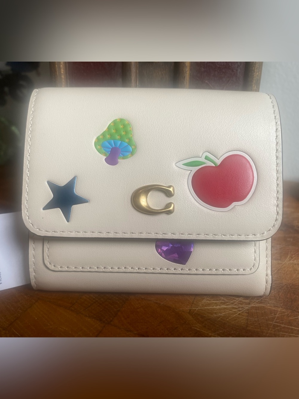 Coach Compact Wallet Chalk Ivory Leather • NWT • Whimsical Appliqué Design